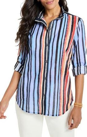 Nic+Zoe Painted Peninsula Stand Collar Cotton Button-Up Shirt in Blue Multi at Nordstrom Rack, Size Xx-Large