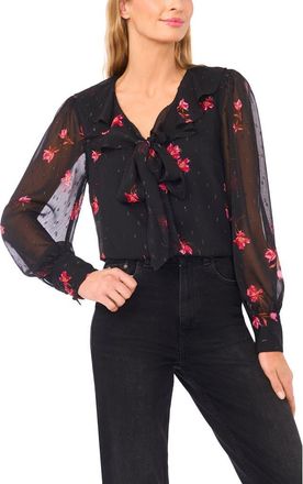 CeCe by Cynthia Steffe Flora Metallic Tie Neck Top in Rich Black at Nordstrom, Size X-Small