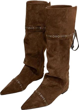 Generic Womens Chelsea Boots Suede Square Toe Mid Calf Dress Long Shoes