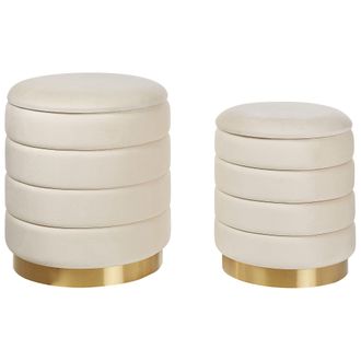 Beliani Conjunto De 2 Pufs Con Almacenaje Sala De Estar Tapicer&iacute;a De Terciopelo Beige Claro Garland