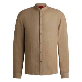 HUGO BOSS Elvory Slim-Fit Linnen-Canvas Overhemd - Heren - Casual Overhemden - Bruin - M - Linnen - Overhemden