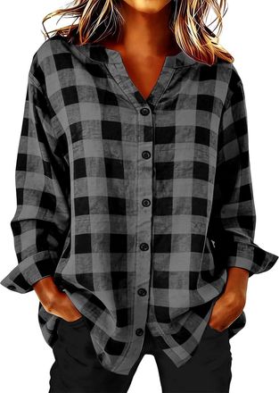 Generic Plaid Shirts for Women UK Plus Size Button Long Sleeve Summer Cardigan Casual Loose Fit Hem Tunic Tops Elegant Collar Lapel for Beach Wear Blouse Ladi