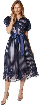 Coast Stripe Organza Puff Sleeve Shirt Dress in Navy at Nordstrom, Size 6