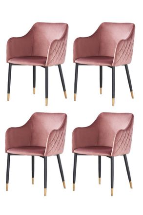 Life Interiors Set of 4 Verona Velvet Dining Chairs with Quilted Back & Black Legs - Modern Accent Chair with Gold Foot Caps in Pink