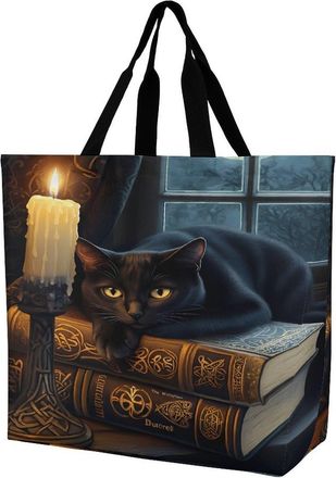 Generic Cat Vintage Books Large Reusable Shopping Bag Lightweight Foldable Tote Bags Washable Shoulder Handbag