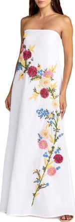 Mac Duggal Strapless Floral Embroidered Linen Gown in White Multi at Nordstrom, Size X-Small