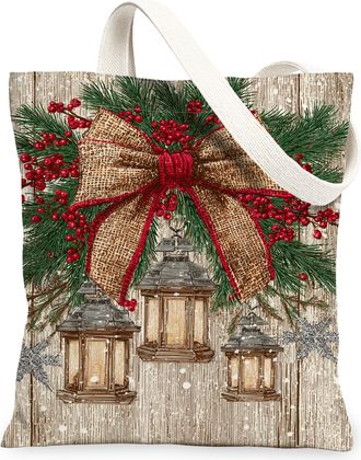 Generic Christmas Lantern Canvas Tote Bag, Pine Berry Pattern Reusable Grocery Bag, Rustic Lightweight Washable Shoulder Strap for Travel Picnic 13x15 Inch