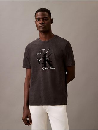 Calvin Klein Mens Flocked Layered Monogram Logo Graphic Classic T-Shirt - Grey - S