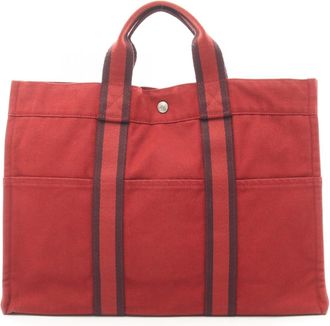 Herm&egrave;s Bordeaux Red Color Canvas Handbag Tote Bag (Pre-Owned)