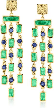 Ross-Simons Emerald and Sapphire Vintage-Inspired Drop Earrings in 18kt Gold Over Sterling