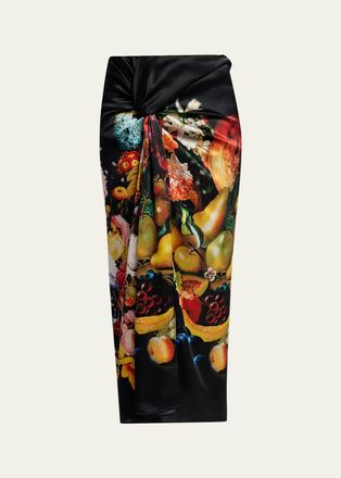 Dries Van Noten Printed Silk Twist-Front Maxi Skirt