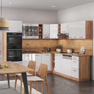 Vicco Cocina Esquinera R-line, Blanco Brillo Intenso/roble Dorado, 237 X 60 Cm Sin Encimera