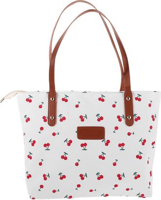 Supvox Cherry Print Tote Shoulder Bag for Women, White Casual Commuter Purse with Zipper, Large Top Handle Bag for Office, Shopping, and Travel