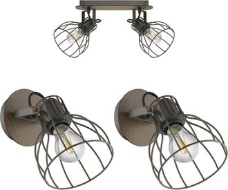 Loops Twin Ceiling Spot Light & 2x Matching Wall Lights Black Industrial Wire Shade