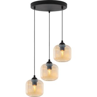 OEM L&aacute;mpara Colgante Riffle Negra 3 Planas Pantalla Miel Cilindro E27