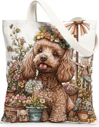 Generic Spring Poodle Dog Canvas Tote Bag for Shopping 13x15, Farmhouse Country Puppy Reusable Grocery Print Bag for Women, Farm Pet Beach Aesthetic Painting 