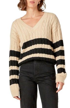 English Factory Stripe Cable Stitch Sweater in Beige/black at Nordstrom, Size X-Small