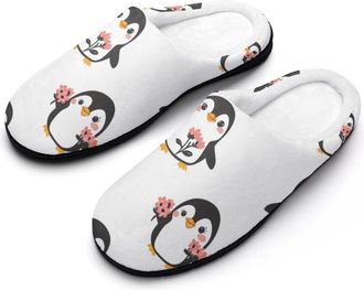 Generic Penguins And Wild Flowers Mens Slippers Slip On Comfortable Fleece Cotton House Shoes Winter