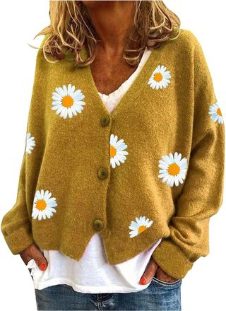 Generic Button Down Sweater, Floral Cardigans For Women, Fashion Daisy Printed Cardigan, Comfy Warm Long Sleeve Sweatshirt, Elegant V-Neck Cropped Cardigan Ba