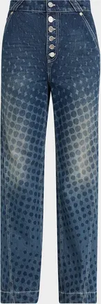 Christopher John Rogers Halftone Wiggle Dot Button-Front Wide-Leg Jeans