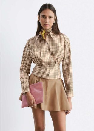 & Other Stories camicia in puro cotone con dettaglio in vita arricciata a quadri marroni-Marrone