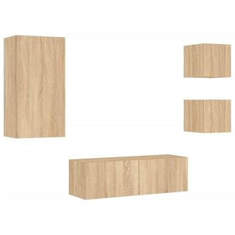 Berkfield Home Decorative 4 Piece TV Wall Cabinets with LED Lights Sonoma Oak in Light Tan
