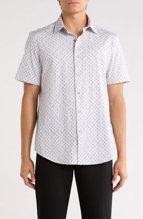 Bugatchi Pasiley Print Stretch Cotton Short Sleeve Button-Up Shirt in Almond at Nordstrom Rack, Size Xxx-Large