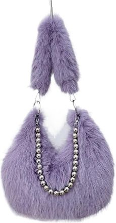 Generic Womens Plush Bags Faux Fur Womens Beaded Chain Underarm Bag Solid Color Plush Female Half Moon Shoulder Bags Winter Fluffy Hobos Handbags(PURPLE)