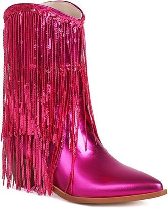 Generic Womens Metallic Tassel Cowgirl Boots Mid Calf Pull On Pointed Toe Chunky Heel Winter Party Dress Shoes (7.5,Rose Red)
