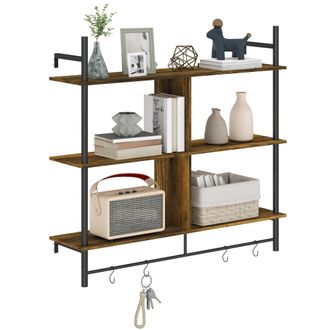 HOMCOM Wall Shelf Unit with 4 Hooks for Living Room - Rustic Brown | TJ Hughes Grey