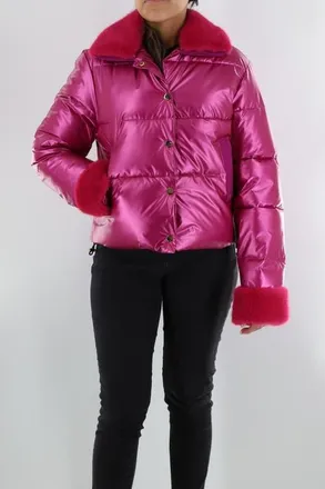 La Fiorentina Metallic Puffer Jacket with Faux Fur Collar in Fuchsia at Nordstrom, Size Large