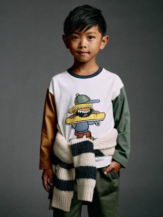 Vertbaudet Jungen Langarmshirt mit Kontrast&auml;rmeln wollwei&szlig;