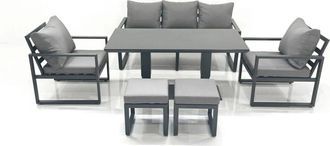 Fimous Fimous Outdoor Aluminium Garden Furniture Set with Adjustable Rising Lifting Dining Table 3 Seater Sofa 2 Chair 2 Small Footstools 2 Side Tables Dark