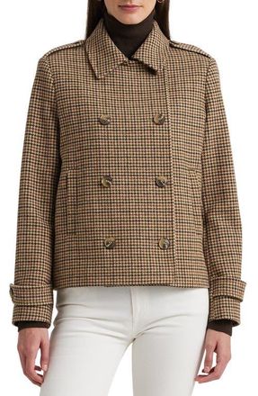 Lauren Ralph Lauren Houndstooth Crop Wool Blend Peacoat in Loden Box Check at Nordstrom, Size 12