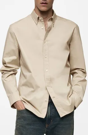 Mango Regular Fit Stretch Cotton Button-Down Shirt in Beige at Nordstrom, Size Small