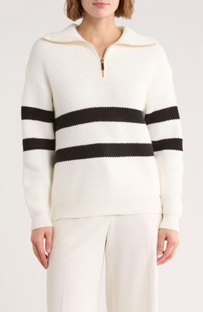 Elie Tahari Stripe Quarter Zip Sweater in White/Black at Nordstrom Rack, Size X-Small