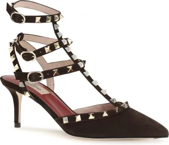 Valentino Garavani Womens Rockstud Suede Pumps Ebony Brown High Heel Shoes