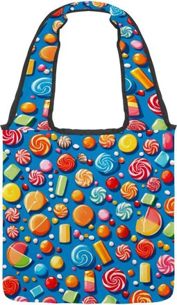 Generic Blue Candy Pattern Reversible Canvas Shoulder Tote - Double-Sided Print, 12oz Cotton, 27cm Drop, Fold-Flat Bag for Travel, Shopping, Street Outings
