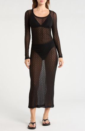 Abound Long Sleeve Sheer Lace Cover Up Dress in Black at Nordstrom Rack, Size X-Large