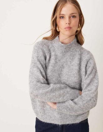 Jacqueline de Yong high neck textured knitted sweater in light gray melange