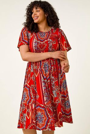 Roman Print Shirred Midi Dress