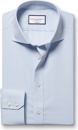 CHARLES TYRWHITT Non-Iron Stretch Poplin Gingham Cotton Shirt - Ice Blue Single Cuff Size 15.5/33 by Charles Tyrwhitt
