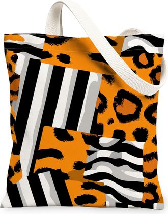 Generic Animal Print Canvas Tote Bags, Leopard and Stripe Pattern Reusable Grocery Bags, Summer Lightweight Washable Shoulder Strap, Orange, 13x15 Inch