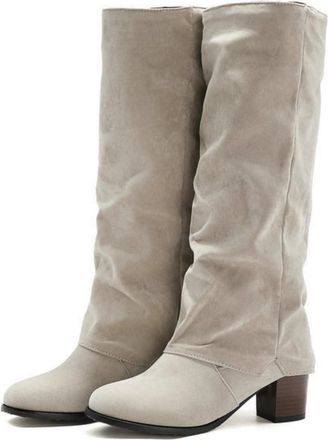 Generic Womens Knee-High Boots, Elegant Suede Long Shaft Boots with Pleated Look And Low Block Heel Slip-On Shoes Comfortable Round Toe Autumn Winter Dress Bo