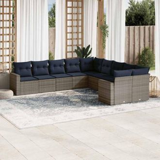 vidaXL Set De Sof&aacute;s De Jard&iacute;n 10 Pzas Con Cojines Rat&aacute;n Sint&eacute;tico Gris Vidaxl