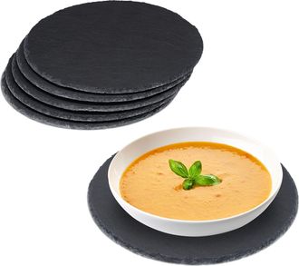 Relaxdays Set De 6 Platos De Pizarra Redondos, 25 Cm, Para Servir Y Escribir, Buffet, Bandeja Piedra Cuadrada, Antracita - Relaxdays