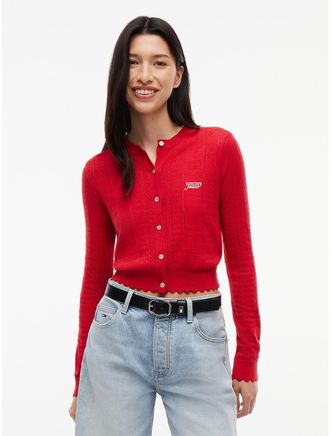 Tommy Hilfiger Womens Tommy Jeans Flag Logo Pointelle Cardigan - Amaryllis Red - XL