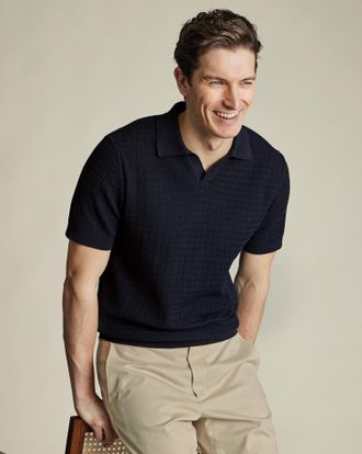 CHARLES TYRWHITT Cotton Trophy Neck Textured Knitted Polo - Navy Size Large by Charles Tyrwhitt