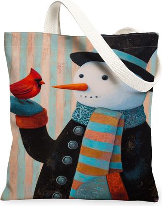 Generic Winter Snow Man Canvas Tote Bags, Colorful Bird Pattern Reusable Grocery Bags, Festive Lightweight Washable Shoulder Strap, Multicolor, 13x15 Inch