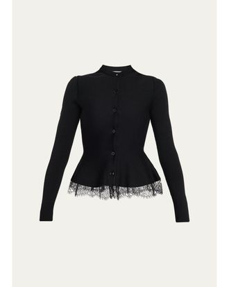 Alexander McQueen Lace-Trim Peplum Wool Crewneck Cardigan